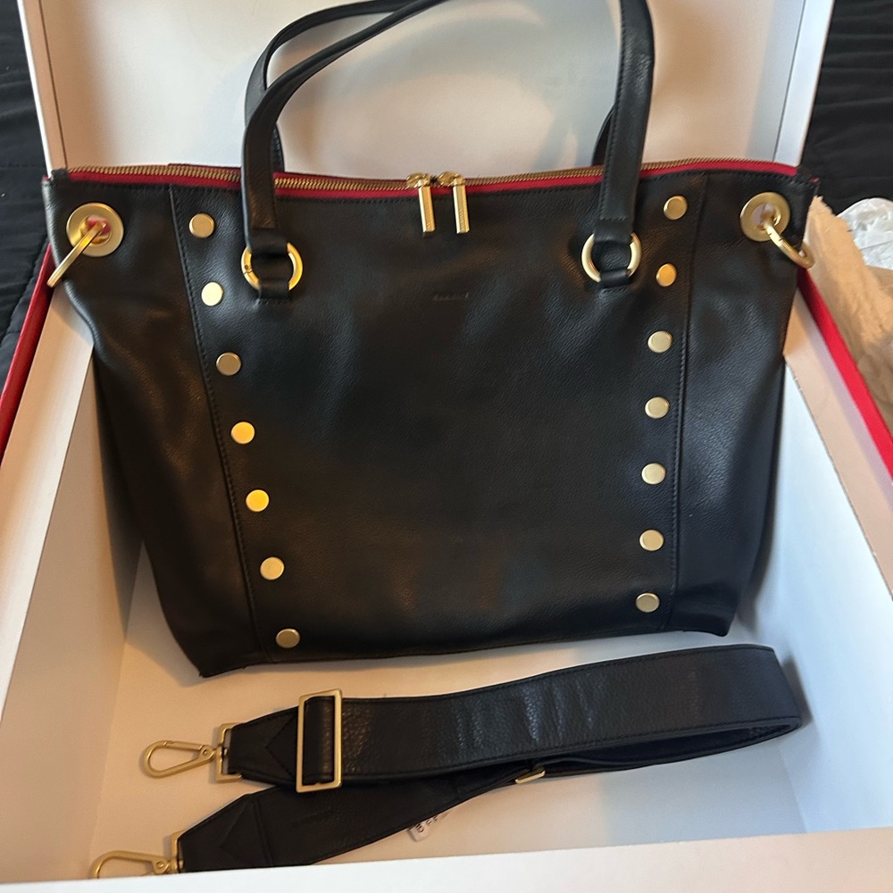 Hammitt Large Leather Tote Bag – Black with Gold Hardware and red